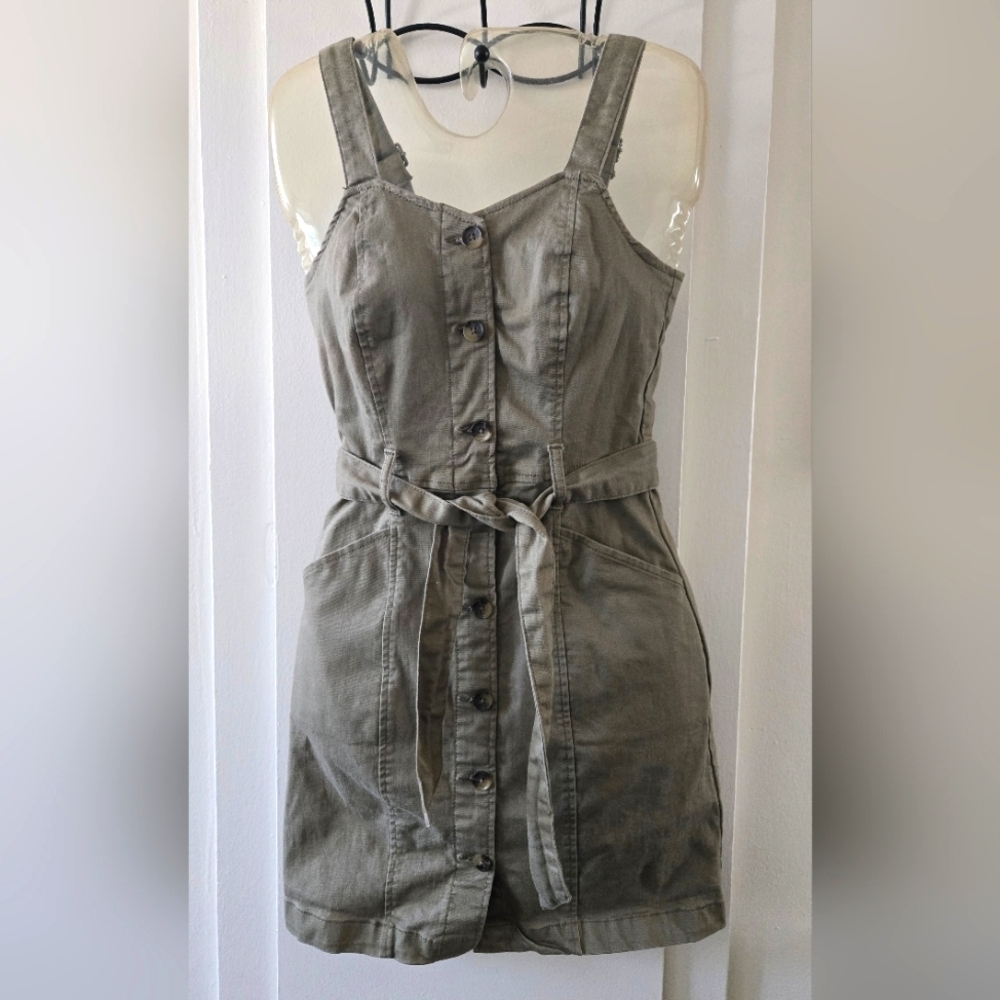 SO Green Khaki Demin Button-Down Dress with Belt